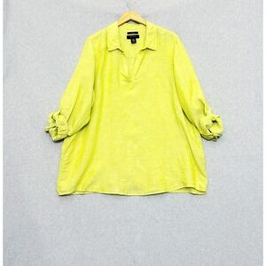 Tahari Womens Tunic Top 2X Linen Roll Tab Back Button‎ Yellow Lagenlook Beachy